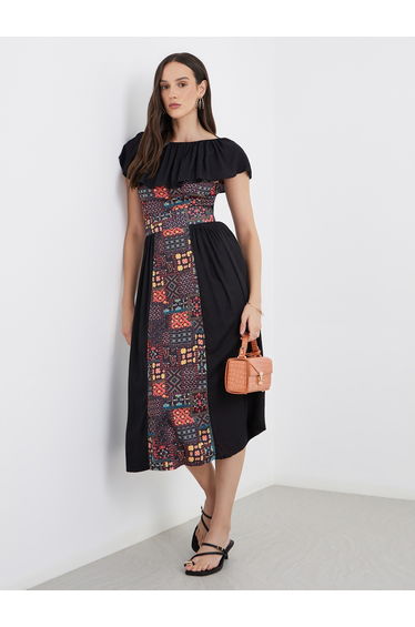 Centre Panel Print Bardot Neck Midi Dress