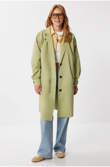 Women's Almond Green Oversize Woven Trench Coat