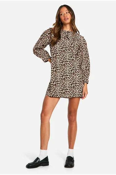 Tall Leopard Collar Detail Volume Sleeve Dress - multi