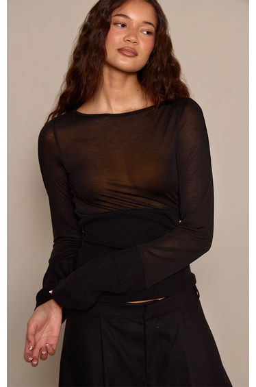 Black Contrast Jersey Rib Long Sleeve Fitted Top