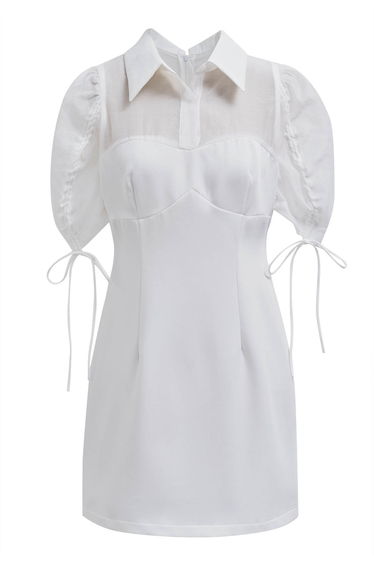 Drawstring Sleeve Collared Spliced Mini Dress in White