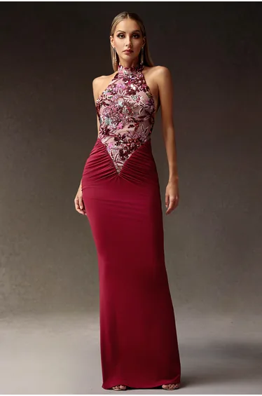 Elisabeth Flowers Sequins Slim Maxi Dress