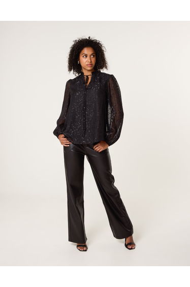 Jacquard Button And Tie Front Blouse