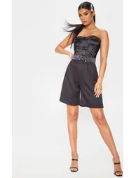 Black Lace Trim Satin Corset - 2