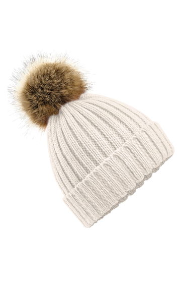 Beechfield Unisex Fur Pop Pom Chunky Beanie - Oatmeal