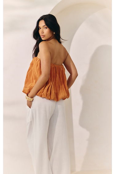 Apricot Matte Satin Plisse Puffball Bandeau