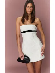 Monochrome Boucle Bow Detail Bandeau Mini Dress - 5