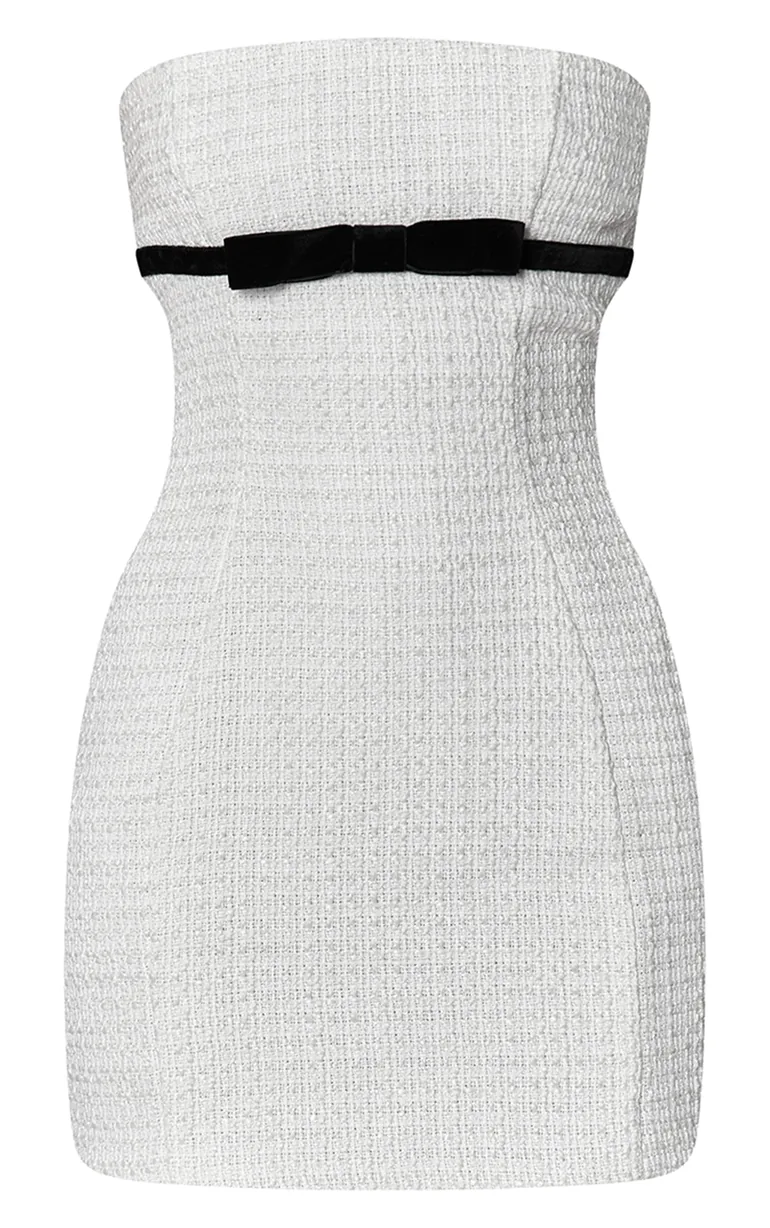 Monochrome Boucle Bow Detail Bandeau Mini Dress - 4