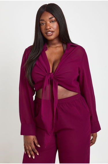 Plus Chiffon Tie Front Shirt - plum