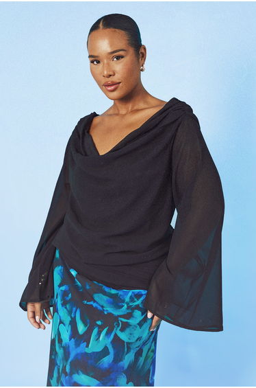 Plus Cowl Neck Chiffon Long Sleeve Top - black
