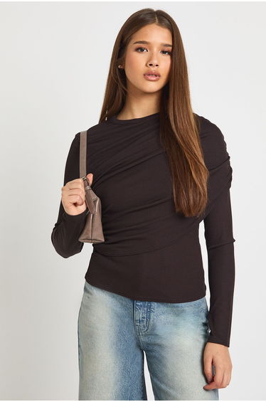 Ribbed Draped Front Long Sleeve Top - chocolate