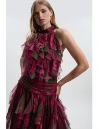 Rose Floral Tulle Halter Neck Woven Maxi Dress - 2