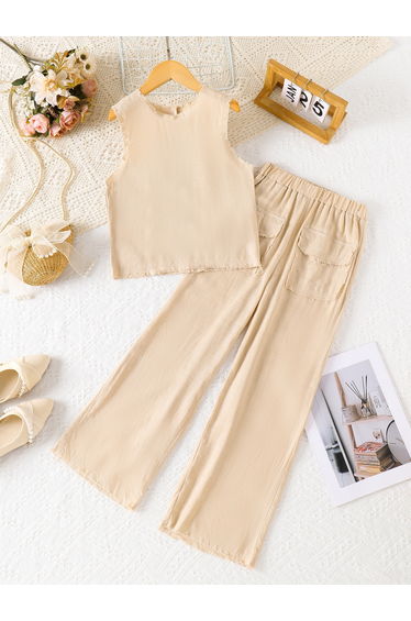 Girls Beige Sleeveless Top and Wide Leg Pants Set