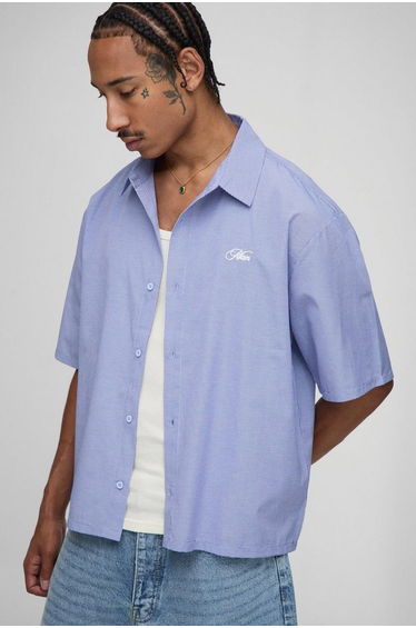 Oversized Boxy Homme Print Micro Check Shirt - blue