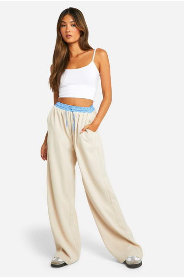 Contrast Stripe Waistband Wide Leg Trouser - stone