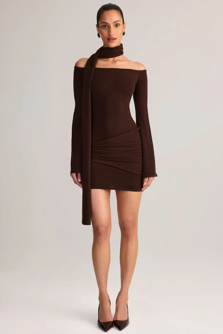 Knit Scarf-Detail Off-Shoulder Mini Dress in Chocolate Brown Oh Polly Brown  : Party Dresses : VogaCloset Qatar