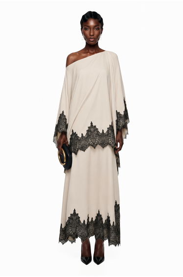 Aoraki Cream One Shoulder Top & Skirt Set with Lace Trim