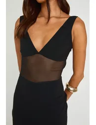 Bengaline Mesh Detail Plunge Front Mini Dress - black - 3