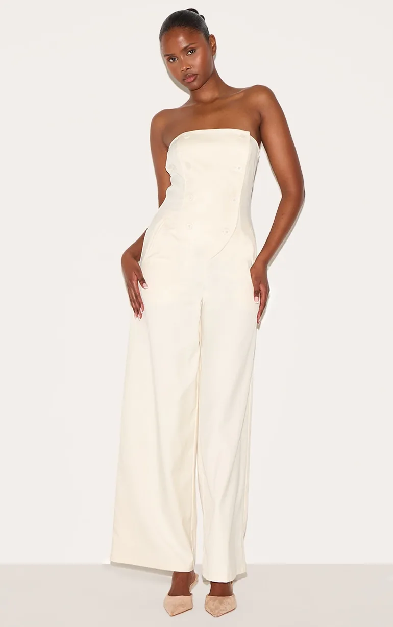 Cream Tailored Woven Button Up Wide Leg Bandeau Jumpsuit - 2