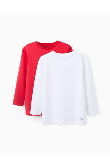 Pack of 2 Long-Sleeved Cotton T-shirts for Boys, White/Red