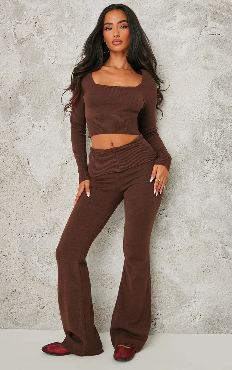 Petite Chocolate Knitted Wide Leg Flares