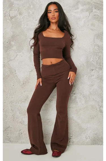 Petite Chocolate Knitted Wide Leg Flares