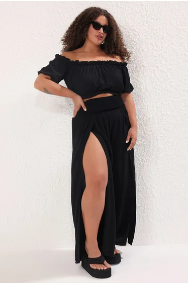 Black Plain Waist Gipel Wide Leg Beach Wear Plus Size Trousers
