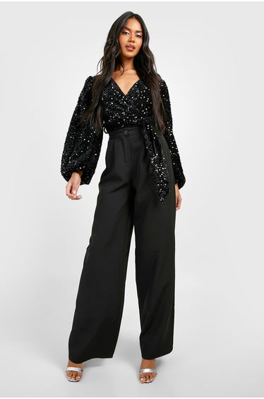Volume Sleeve Velvet Sequin Bodysuit - black