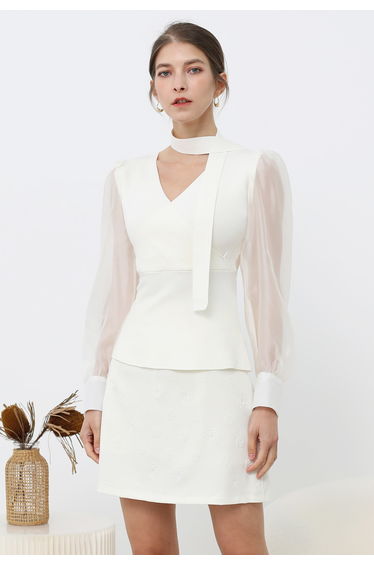 Sheer Sleeves Spliced Knit Top with Scarf in White