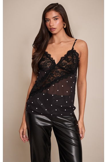 Black Polka Dot Printed Lace Chiffon Cami