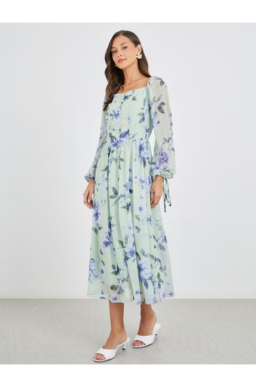 Floral Print Balloon Sleeve A-Line Dress