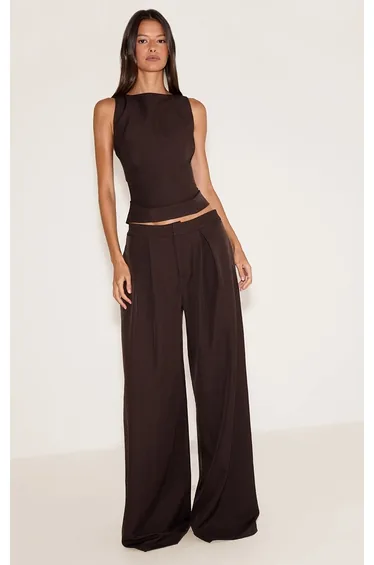Dark Brown Woven Tailored Wide Leg Trousers