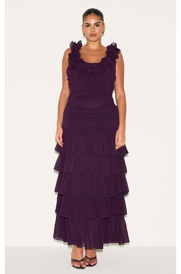 Plus Wine Chiffon Ruched Ruffle Maxi Dress
