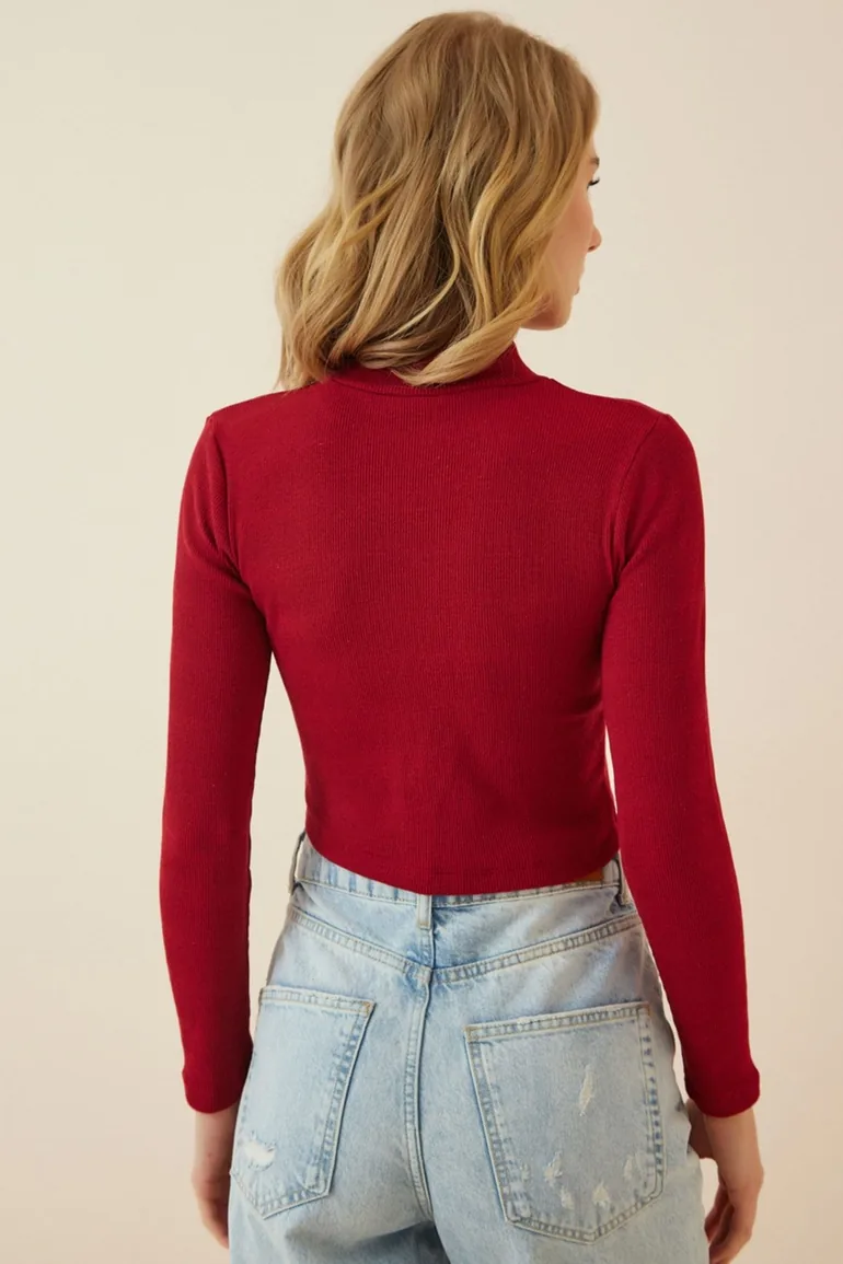 Women's Burgundy Corduroy Turtleneck Crop Knitted Top - 2