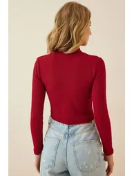 Women's Burgundy Corduroy Turtleneck Crop Knitted Top - 2