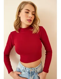 Women's Burgundy Corduroy Turtleneck Crop Knitted Top - 1