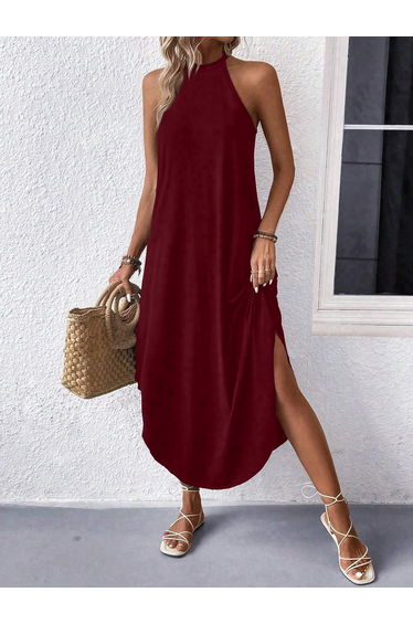 Burgundy Sleeveless Curved Hem Maxi Dress