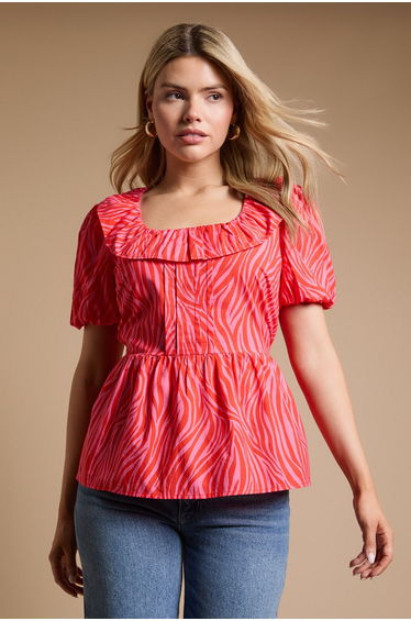 Square Neck Ruffle Peplum Printed Top