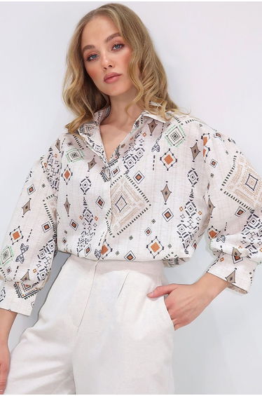 Women's Beige-Brown Princess Ethnic Patterned Flamed Linen Woven Shirt