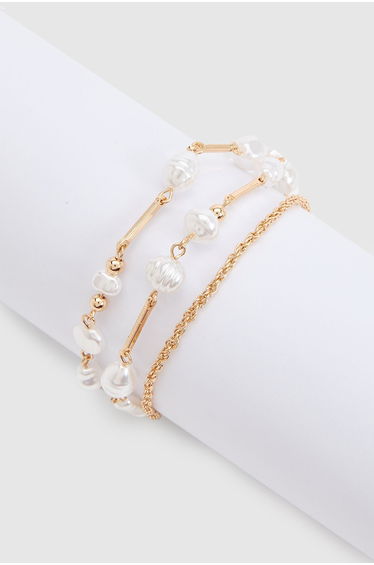 Pearl & Gold Bar Bracelets 3 Pack - gold