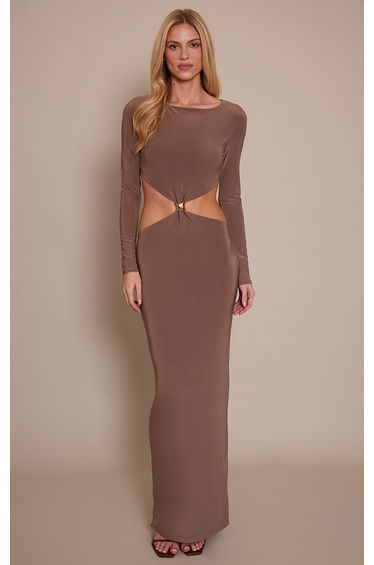 Taupe Double Layer Slinky Long Sleeve Trim Detail Maxi Dress