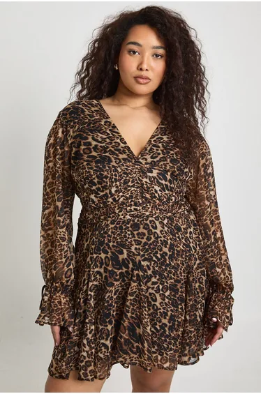 Plus Leopard Cinched Skater Dress - leopard
