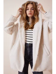 Women's Cream Hooded Plush Coat