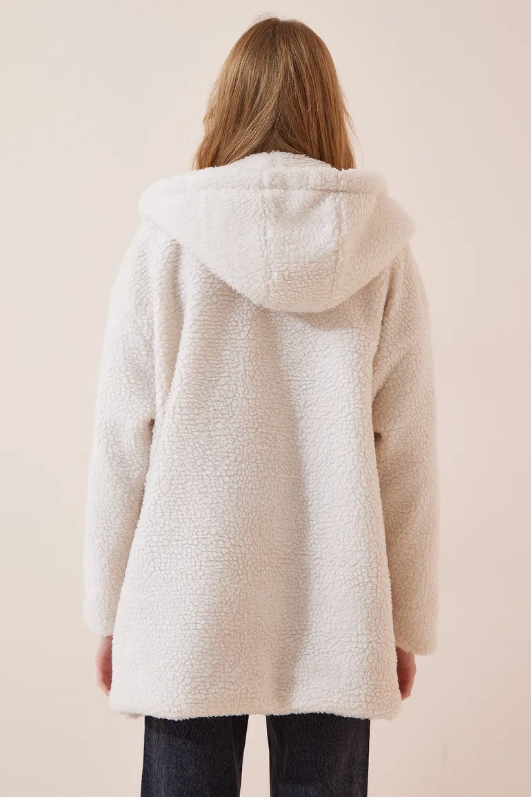 Women's Cream Hooded Plush Coat - 5