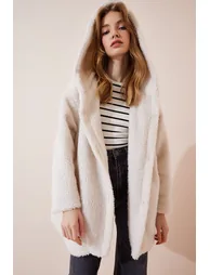Women's Cream Hooded Plush Coat - 1