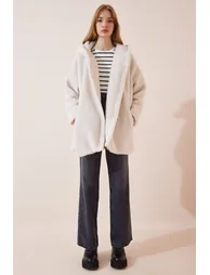 Women's Cream Hooded Plush Coat - 4