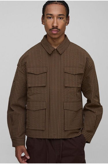 Oversized Check Ripstop Cargo Overshirt - mocha