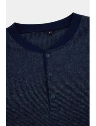 Navy Blue Regular Fit Buttoned Collar Knitted Pajama Set - 3
