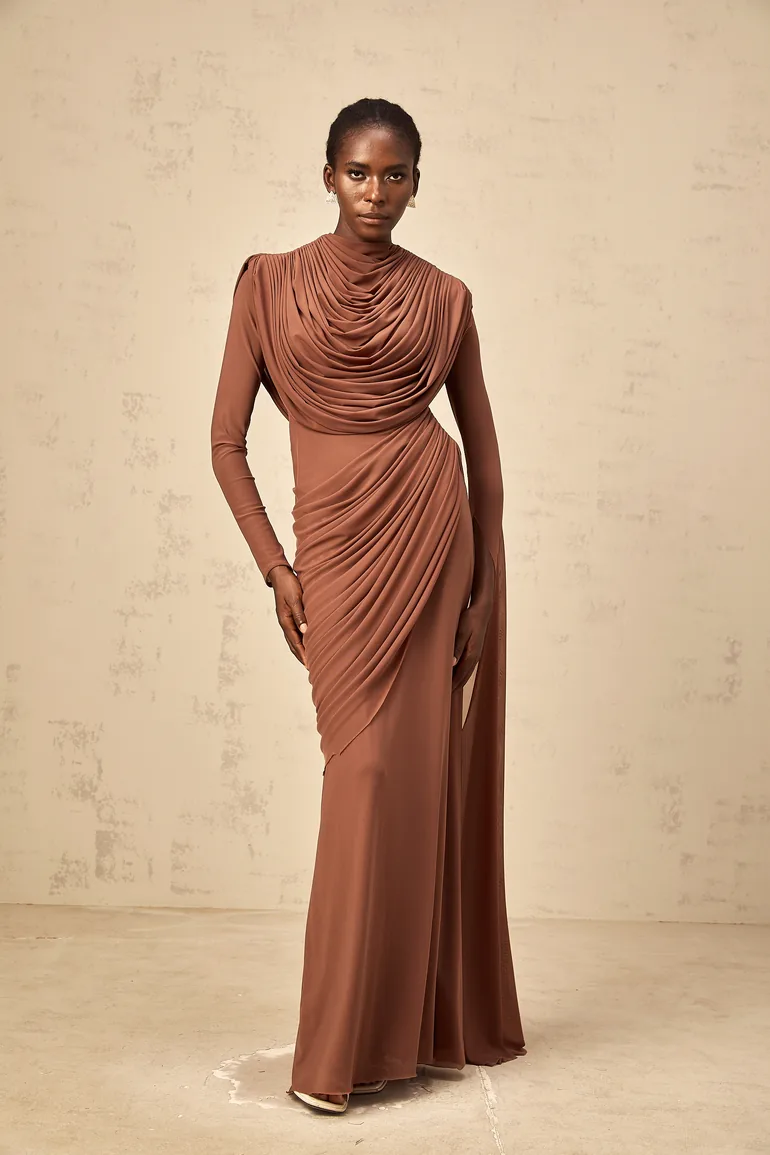 Danaé brown shirred-effect draped maxi dress - 3