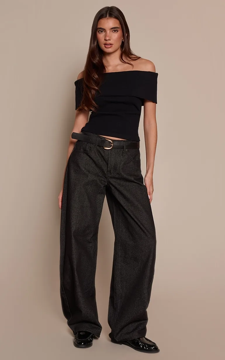 Black Contour Rib Fold Over Bardot Detail Long Top - 2